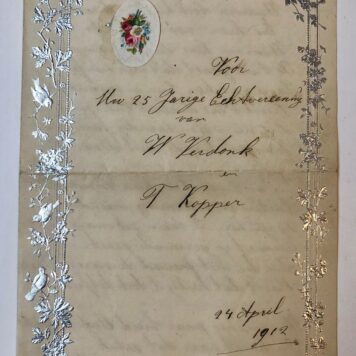 [Printed publication VERDONK, KOPPER, ZAANDAM] Ter herdenking van de 25 jarige echtvereeniging van onze geliefde broeder en zuster Willem Verdonk en Trijntje Kopper, van hun broeder en zuster Pieter Verdonk en Jannetje Ruyter, [Zaandam], 1887, 24 april 1912. 4(: [4] p.