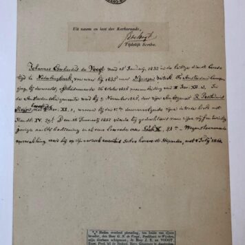 [MANUSCRIPT THEOLOGY VOOGT] Kerkbriefje (gedrukt) van bevestiging en intrede van Ds. Johannes Everhardus Voogt te Amsterdam, november 1845, 50x12 cm., 1 p.