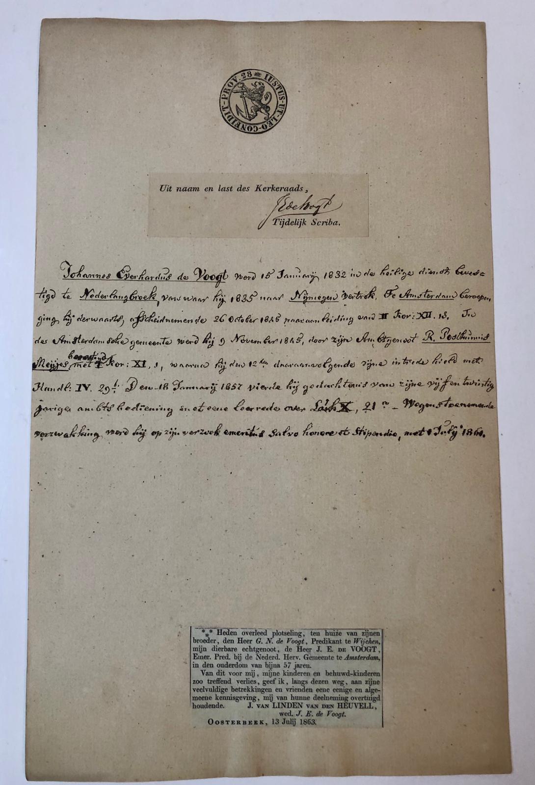  - [MANUSCRIPT THEOLOGY VOOGT] Kerkbriefje (gedrukt) van bevestiging en intrede van Ds. Johannes Everhardus Voogt te Amsterdam, november 1845, 50x12 cm., 1 p.