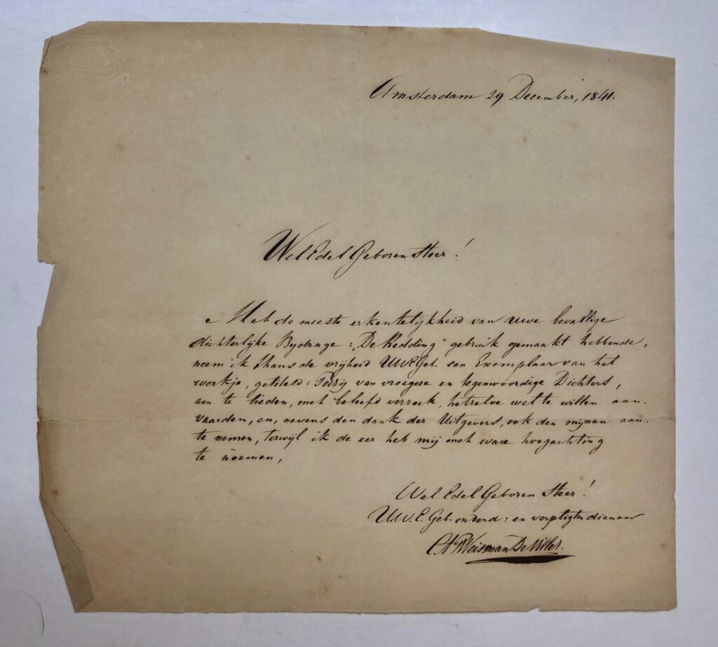 [MANUSCRIPT, WEISSMANN DE VILLEZ] Briefje en drie eigenhandig geschreven gedichten van C.A.P. Weissmann de Villez, ca. 1836-1841, 20 p.