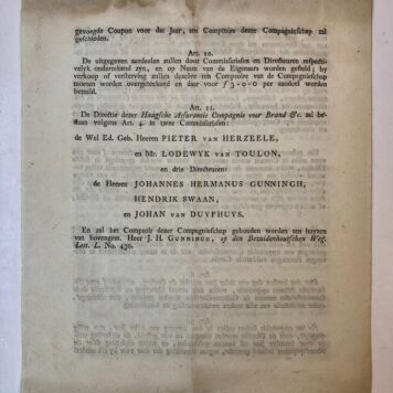 [INSURANCE, BRANDVERZEKERING, GRAVENHAGE] 'Bericht' betreffende oprichting Haagsche assurantie compagnie voor brand, in 1805 gedrukt, 4°, 4 pag.