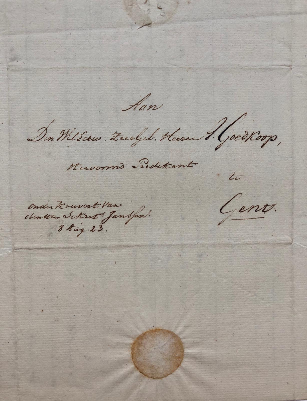 breken roltrap Bloody OCKERSE, GOEDKOOP -- Brief van W.A. Ockerse, dd. 's-Gravenhage 1823, aan  ds. A. Goedkoop te Gent in Oostvlaanderen, manuscript, 4°, 1 pag.