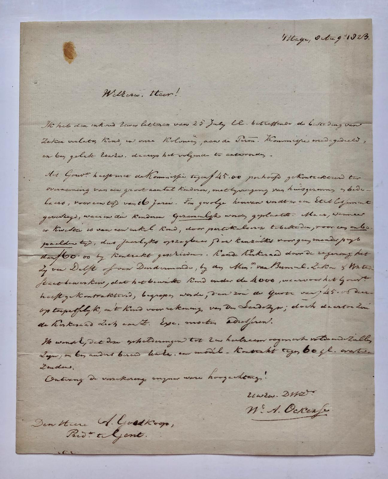  - [Manuscript, letter, 1823, OCKERSE, GOEDKOOP] Brief van W.A. Ockerse, dd. 's-Gravenhage 1823, aan ds. A. Goedkoop te Gent in Oostvlaanderen, manuscript, 4, 1 pag.