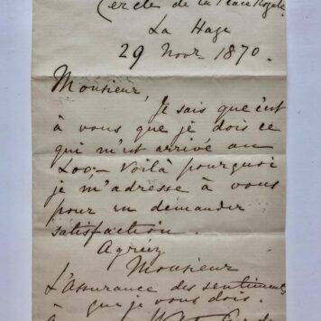 [Manuscripts, Letters with seals GORDON, CAMP] Twee brieven in het Frans van Webster Gordon, d.d. 's-Gravenhage 29-11 en 7-12-1870, aan hofraad H.F.G.N. Camp, op het Loo. Manuscripten, 4 pag.