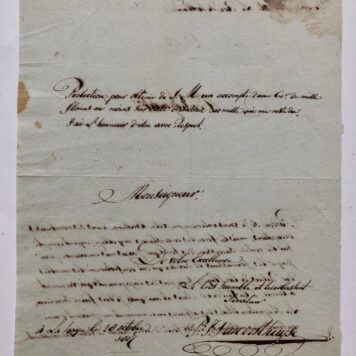 [Manuscript, Letter, GRAVENHAGE, PALEIS LODEWIJK NAPOLEON, V. OOSTHUIJSE] Brief van P.J. van Oosthuijse, d.d. Gravenhage 28-10-1807, aan de grootmeester van Lodewijk Napoleon, betr. gelden voor het meubileren van het paleis in 's-Gravenhage. Manuscript, 4°, 2 pag.