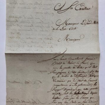 [Manuscript, letter, BIDOLET] Brief van Francois Bidolet de Nevere en France d.d. 's-Gravenhage 1-7-1806, aan de grootmeester van Lodewijk Napoleon. Manuscript, folio, 2 pag.