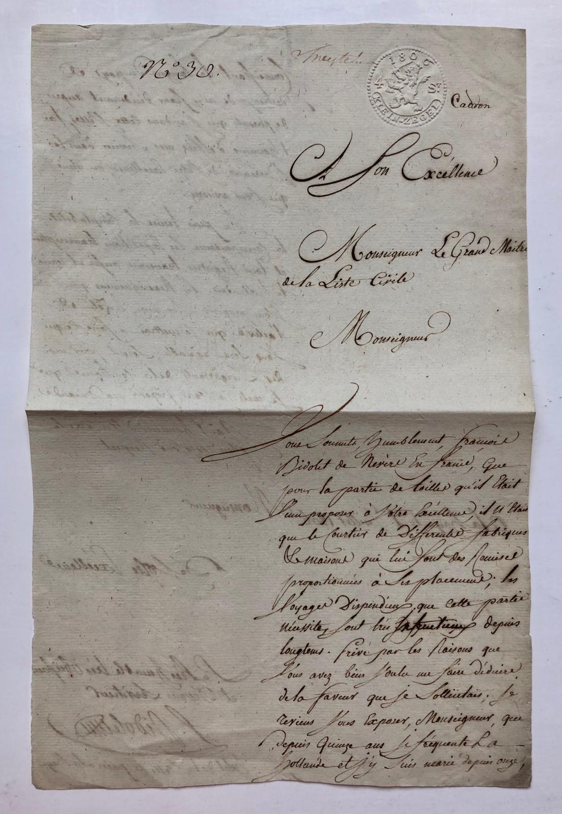  - [Manuscript, letter, BIDOLET] Brief van Francois Bidolet de Nevere en France d.d. 's-Gravenhage 1-7-1806, aan de grootmeester van Lodewijk Napoleon. Manuscript, folio, 2 pag.