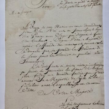[Manuscript, Letter, Sommelier POLMAN 1806] Request van J.M(?) Polman, d.d. Gravenhage 27-6-1806, aan Lodewijk Napoleon, waarin hij zijn diensten aanbiedt als sommelier. Manuscript, folio, 1 pag.