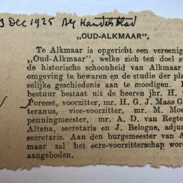 [Newspaper article] ALKMAAR Krantenberichtje uit Algemeen Handelsblad, 13 december 1925, betr. oprichting van de vereniging `Oud-Alkmaar'. 1 stuk.