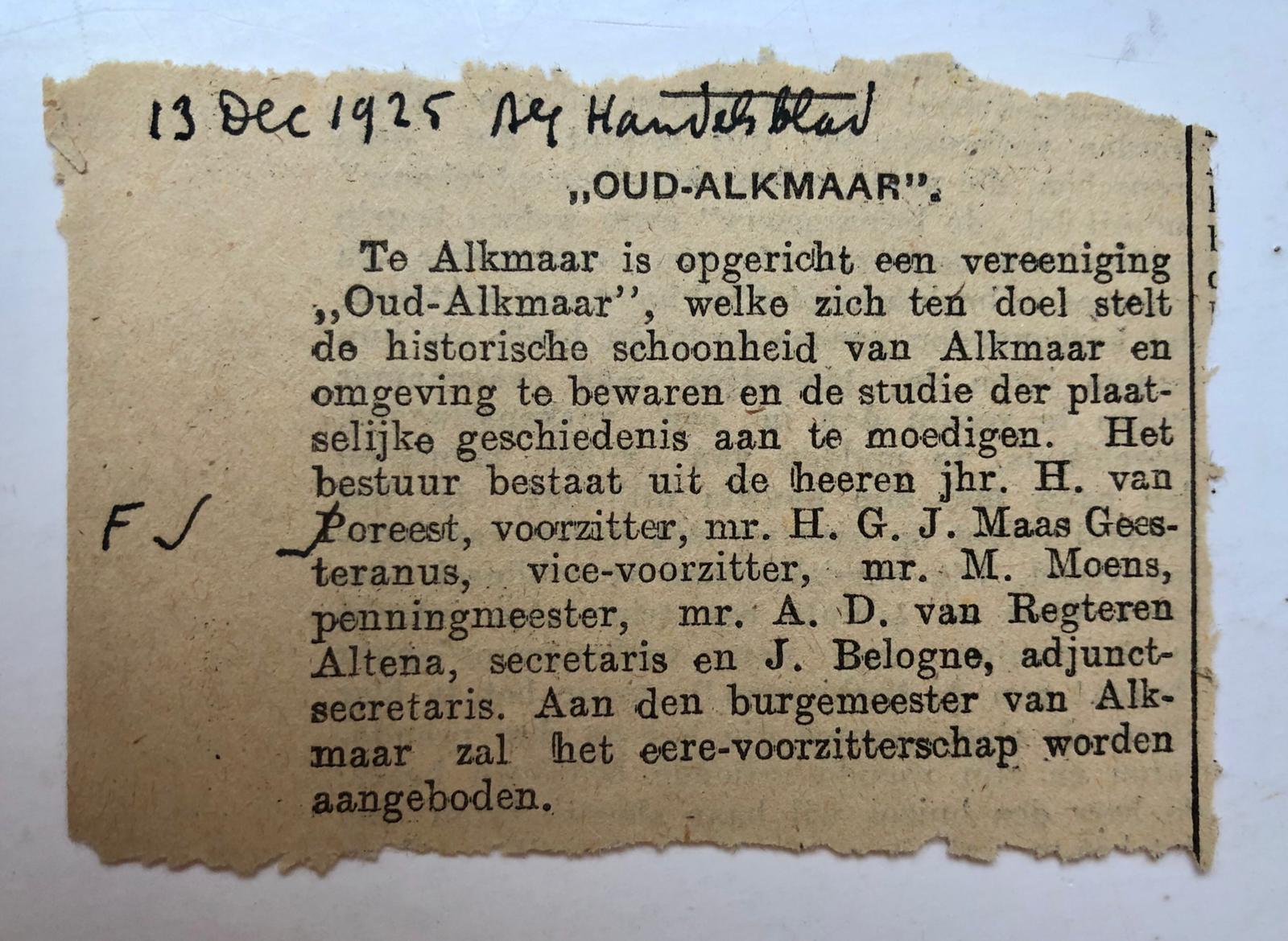  - [Newspaper article] ALKMAAR Krantenberichtje uit Algemeen Handelsblad, 13 december 1925, betr. oprichting van de vereniging `Oud-Alkmaar'. 1 stuk.