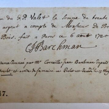 [Receipt, Kwitantie, BARCHMAN] Kwitantie getekend door C.J. Barchman, Parijs 1720. 1 p.