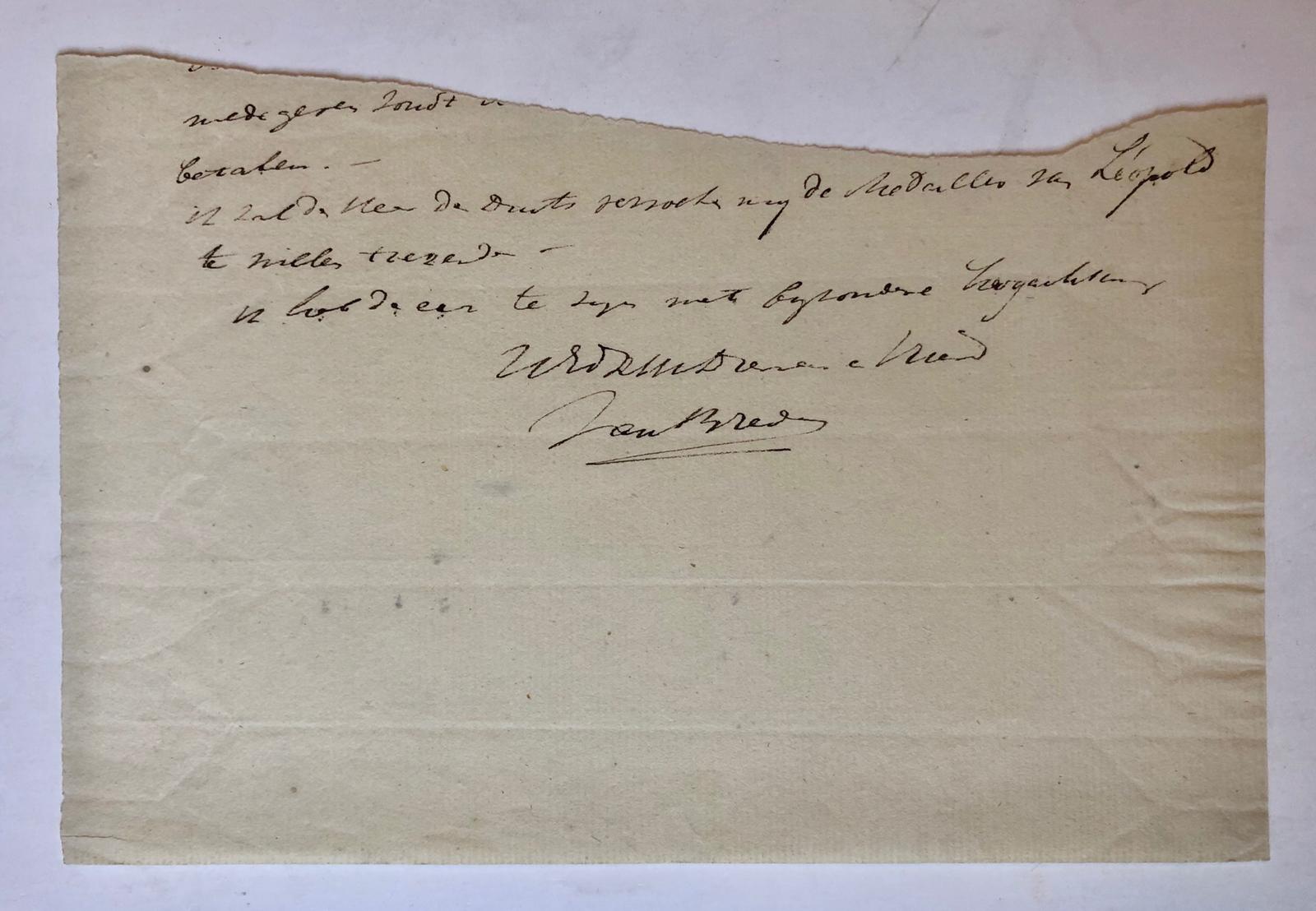  - [Manuscript BREDA, VAN] Fragment van een brief geschreven en ondertekend door Van Breda, 1 p., z.j.