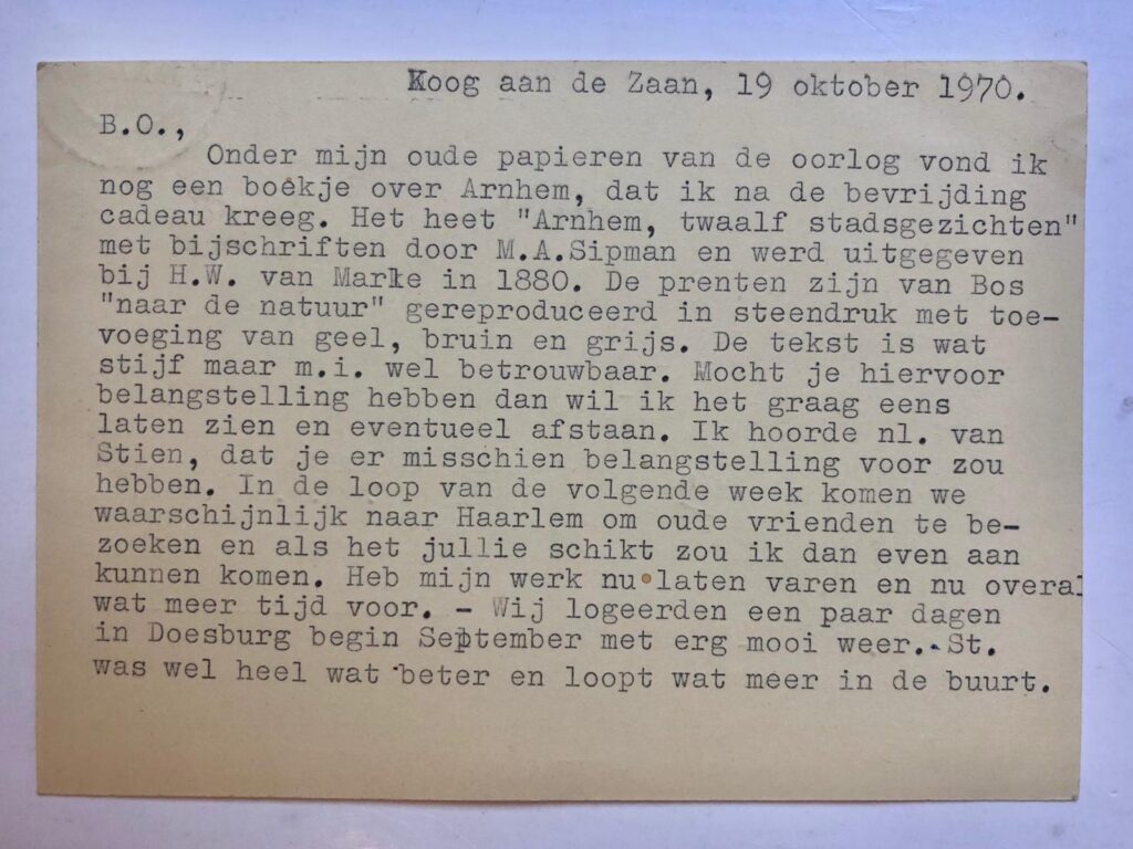 [MANUSCRIPT, POSTCARD, CADERIUS VAN VEEN] Brief en briefkaart van Jan Caderius van Veen, Koog aan de Zaan 1971, 2 stuks.