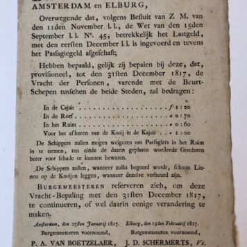 [PRINTED PUBLICATION, 1817, ELBURG, BEURTVAART NAAR AMSTERDAM]`Kennisgeving' d.d. Amsterdam 27 januari 1817 en Elburg 15 februari 1817 betreffende de tarieven voor personenvervoer Elburg-Amsterdam v.v.; folio, 1 p., gedrukt.