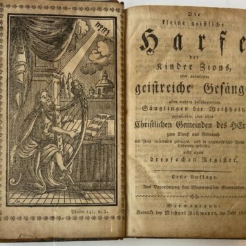 [Mennonite Music book] Die kleine geistliche Harfe der Kinder Zions oder auserlesene geistreiche Gesange. Germantaun (USA, Pennsylvania), M. Billmeyer, 1803.