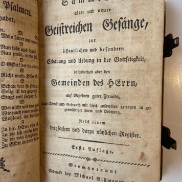 [Mennonite Music book] Die kleine geistliche Harfe der Kinder Zions oder auserlesene geistreiche Gesange. Germantaun (USA, Pennsylvania), M. Billmeyer, 1803.