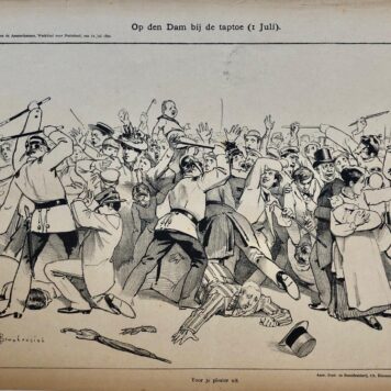 [Original lithograph/lithografie by Johan Braakensiek] Op den Dam bij de taptoe (1 Juli), 12 Juli 1891, 1 pp.