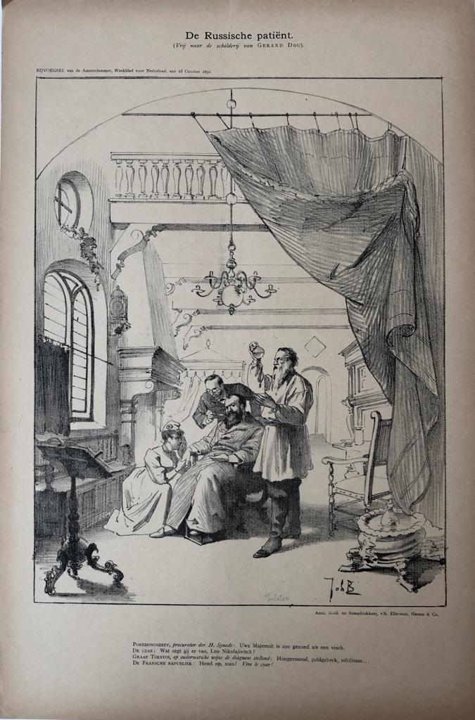 [Original lithograph/lithografie by Johan Braakensiek] De Russische patiënt (Vrij naar het schilderij van Gerard Dou), 18 October 1891, 1 pp.