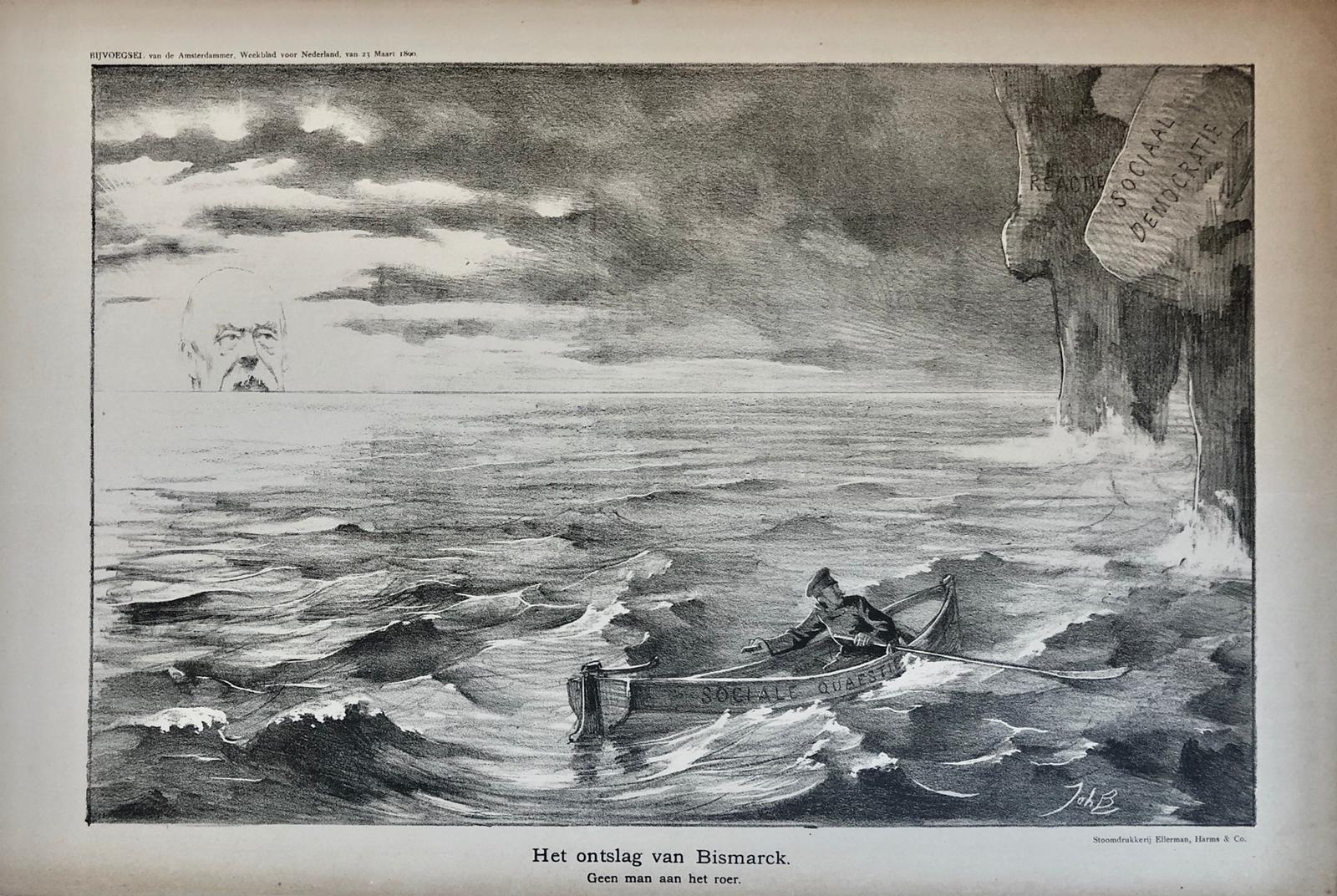 [Original lithograph/lithografie by Johan Braakensiek] Het ontslag van Bismarck, 23 Maart 1890, 1 pp.