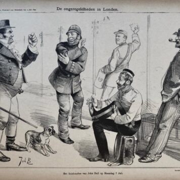 [Original lithograph/lithografie by Johan Braakensiek] De ongeregeldheden in Londen, 13 Juli 1890, 1 pp.