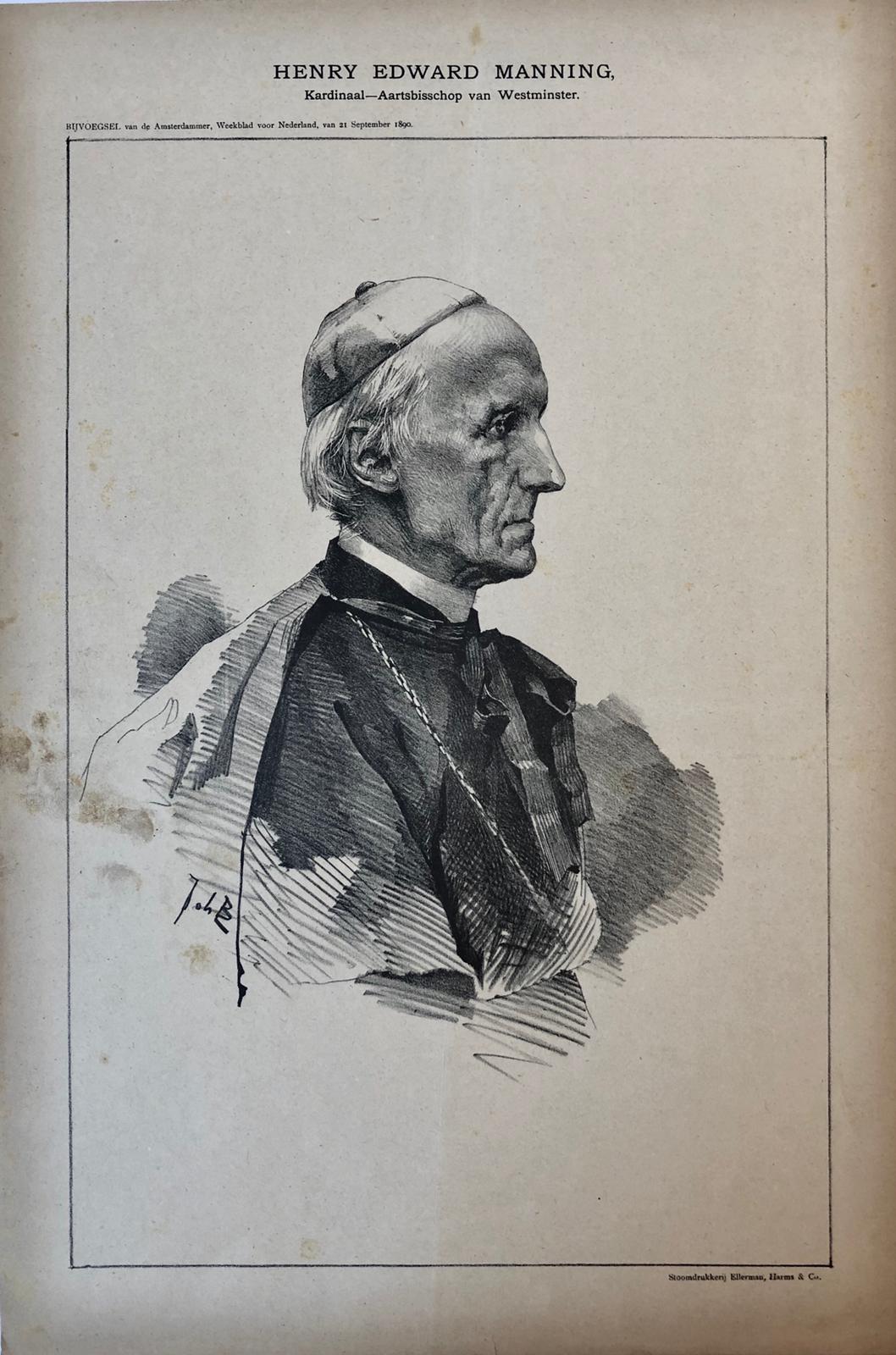 [Original lithograph/lithografie by Johan Braakensiek] Henry Edward Manning, Kardinaal-Aartsbisschop van Westminster, 21 September 1890, 1 pp.