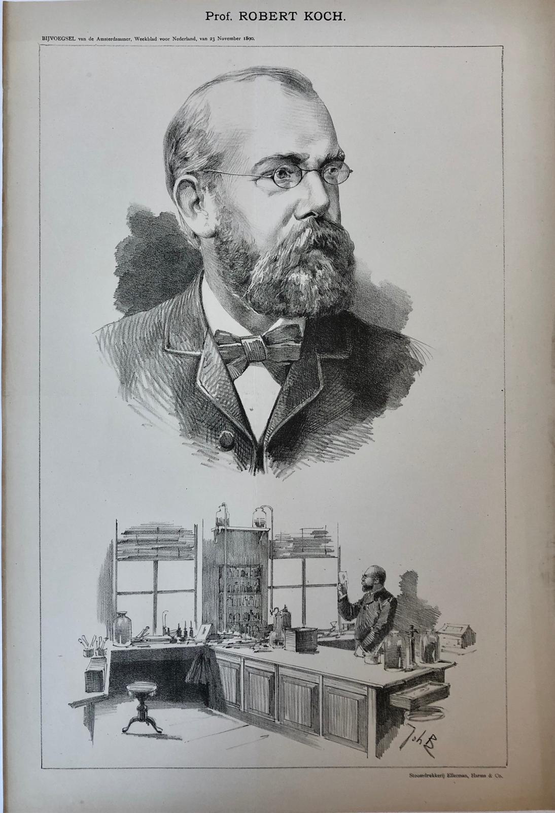 [Original lithograph/lithografie by Johan Braakensiek] Prof. Robert Koch, 23 November 1890, 1 pp.