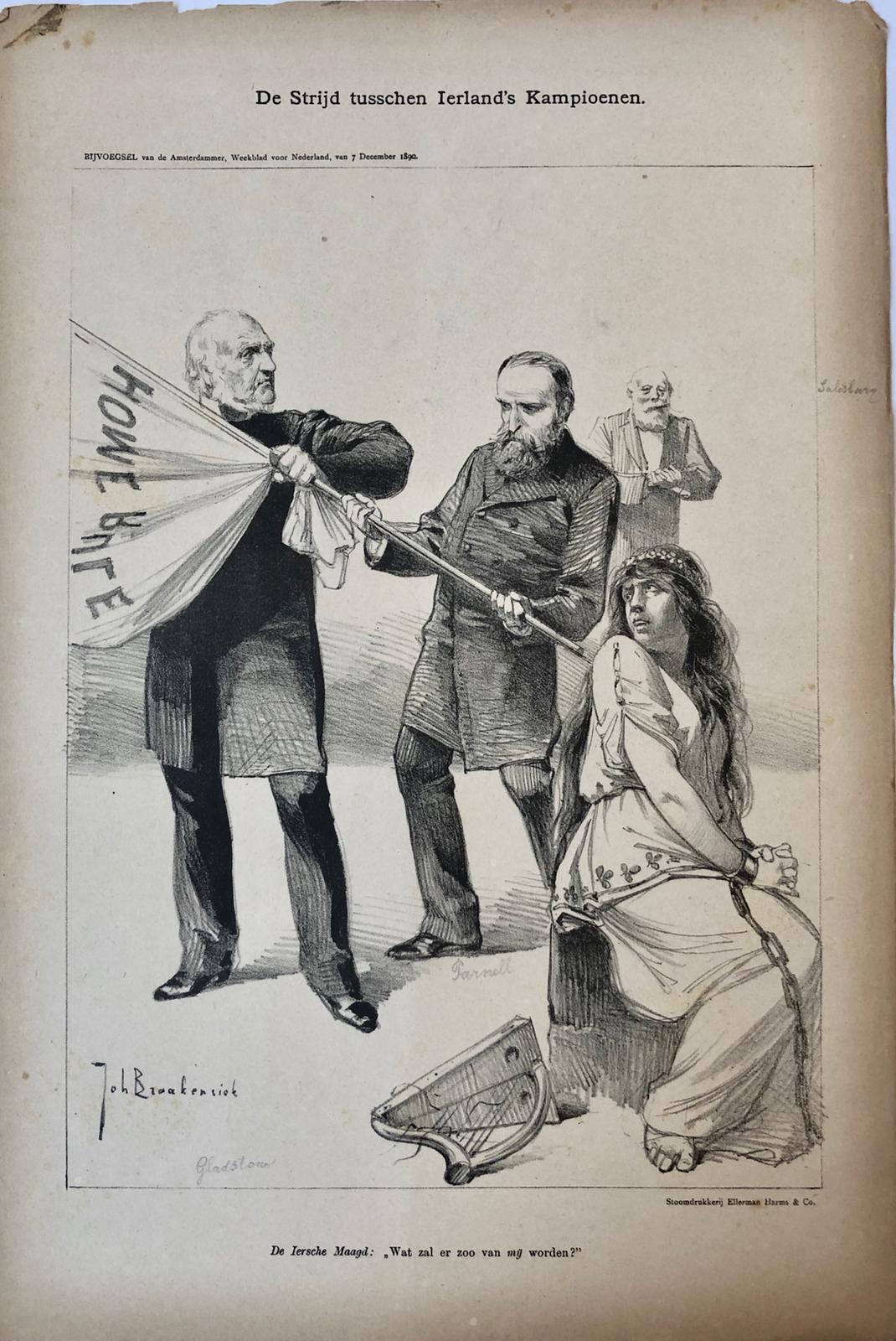 [Original lithograph/lithografie by Johan Braakensiek] De Strijd tusschen Ierland's kampioenen, 7 December 1890, 1 pp.