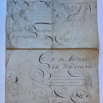 [CALLIGRAPHY, JANS, KALLIGRAFIE] Twee gekalligrafeerde bladen, folio, oblong, getekend 21 maart 1777, Jantje Jans.
