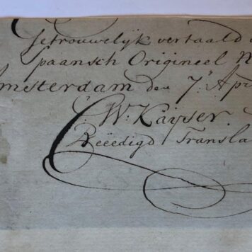 [AUTOGRAPH, KAYSER] Handtekening van C.W. Kayser, `beëdigd translateur' uit het Spaans, te Amsterdam, 1781.