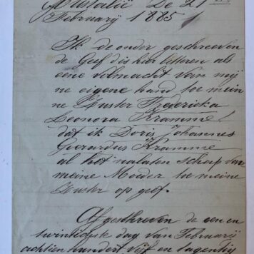 [MANUSCRIPT, INHERITANCE, KRAMME] Verklaring van Doris Johannes Gerardus Kramme, d.d. Sherwood, Victoria, Australië, 21 februari 1895, dat hij zijn moederlijk erfdeel schenkt aan zijn zuster Frederika Leonora Kramme. 8(, 1 p.