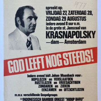[Flyer 1977] MAASBACH Gedrukt strooibiljet `God leeft nog steeds!' van Johan Maasbach, 1977.