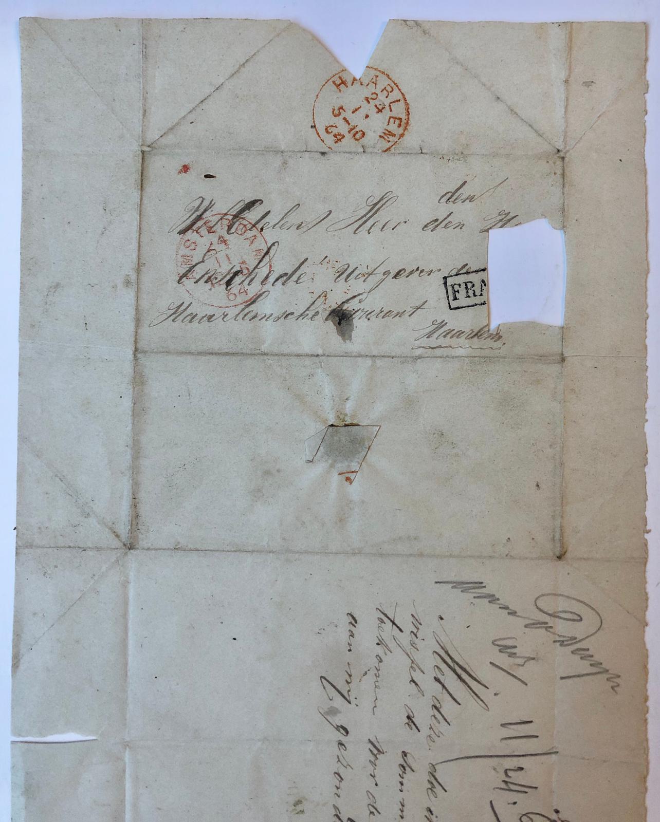  - [MANUSCRIPT, MORGENSTER] Briefje van J. Morgenster, Amsterdam 1864.