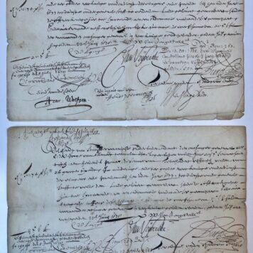 [MANUSCRIPTS, OORLOGSKOSTEN 1677, PROMER, RAAD VAN STATE Twee opdrachten van de Raad van State aan de ontvanger-generaal mr. E. de Jonge van Ellemeet, om aan Hendrik Promer resp. 1500 en 250 ponden te betalen in mindering van betaling van door hem geleverde wagens en paarden voor de Generale Staf te velde in 1677. Folio, oblong, 2 p., 1678, getekend door o.a. C. de Lange, Van Jongestall, C. van Vrijberghe, Hendrik Promer, J.J. van Slingelandt, Corn. van Lodensteyn, Henr. Wolfsen, Johan de Veer.