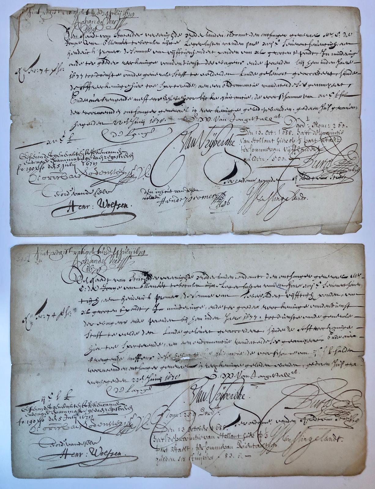  - [MANUSCRIPTS, OORLOGSKOSTEN 1677, PROMER, RAAD VAN STATE Twee opdrachten van de Raad van State aan de ontvanger-generaal mr. E. de Jonge van Ellemeet, om aan Hendrik Promer resp. 1500 en 250 ponden te betalen in mindering van betaling van door hem geleverde wagens en paarden voor de Generale Staf te velde in 1677. Folio, oblong, 2 p., 1678, getekend door o.a. C. de Lange, Van Jongestall, C. van Vrijberghe, Hendrik Promer, J.J. van Slingelandt, Corn. van Lodensteyn, Henr. Wolfsen, Johan de Veer.