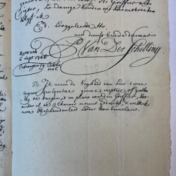 [FACSIMILE MANUSCRIPT, SCHELLING, VAN DER; REITZ] Facsimile van een brief van P. van der Schelling aan W.O. Reitz, d.d. Rotterdam 1746, 4 p.
