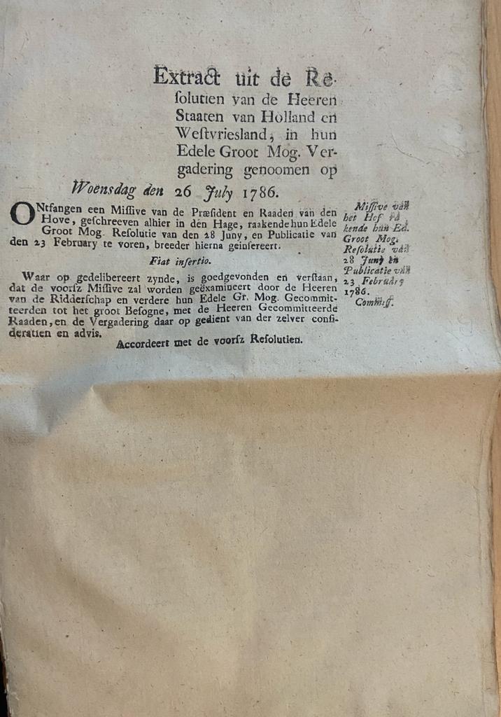 [Batavian Republic/Bataafse republiek, The Hague July 1786, Oranjegezindheid, orange-mindedness] Two Extracts 