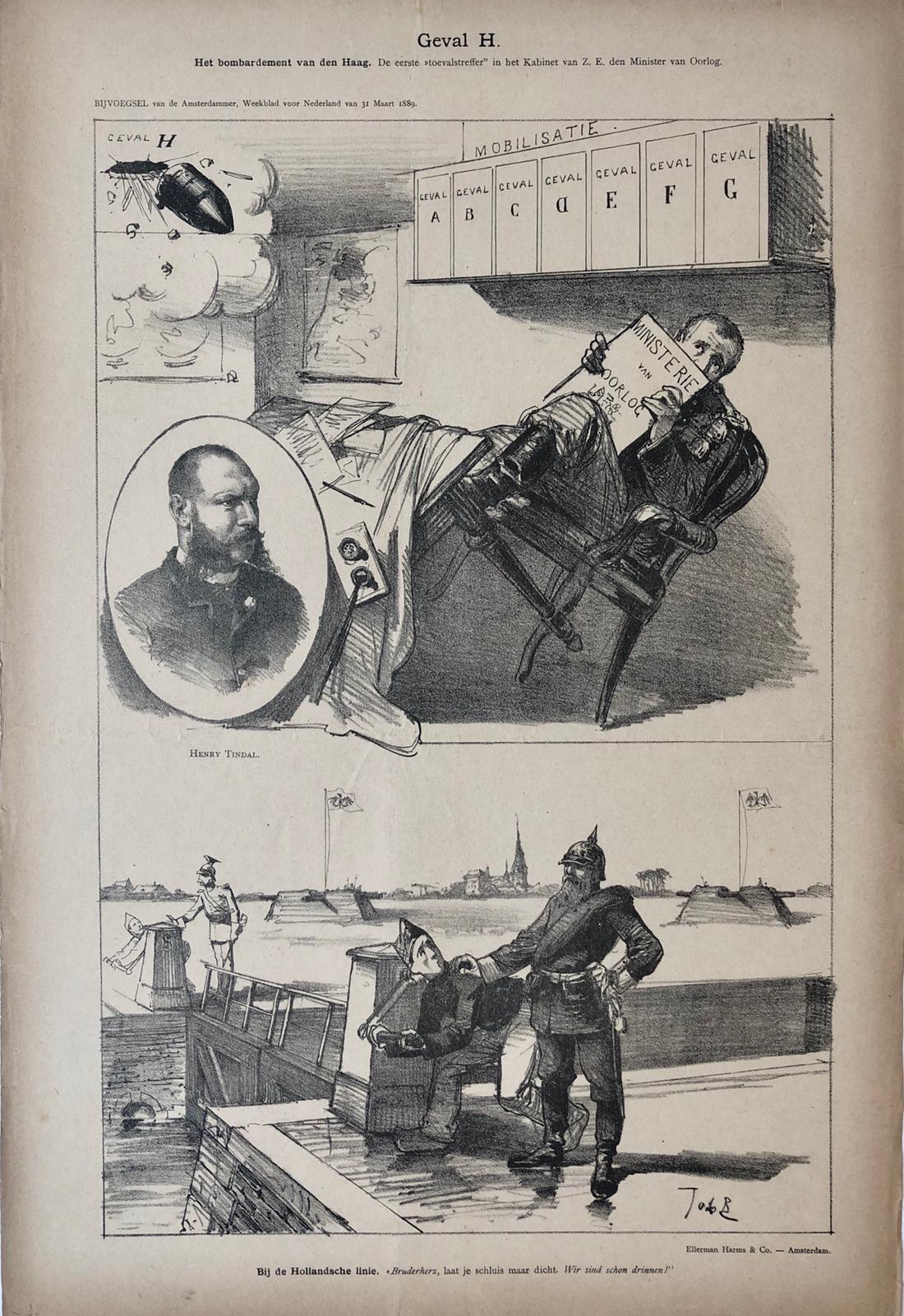 [Original lithograph/lithografie by Johan Braakensiek] Geval H., Het bombardement van den Haag en Bij de Hollandsche linie, 31 Maart 1889, 1 pp.