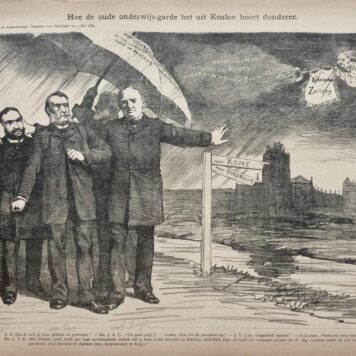 [Original lithograph/lithografie by Johan Braakensiek] Hoe de oude onderwijs-garde het uit Keulen hoort donderen, 5 Mei 1889, 1 pp.