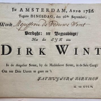 [PRINTED PUBLICATION, INVITATION, WINT, WIND] Uitnodiging voor wed. Wint voor de begrafenis van Dirk Wint, Amsterdam 26 september 1786, 1 stuk, deels gedrukt.