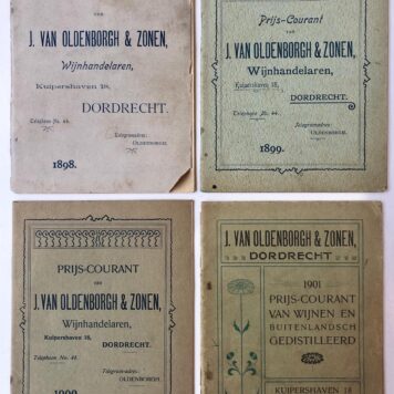 [PRICE FORM, WINE, WIJN, DORDRECHT, VAN OLDENBORGH] Prijscouranten voor wijnen van de fa. J. van Oldenborgh & Zonen te Dordrecht, Buiten Walevest 3, 1898-1917, 14 stuks, ca. 20 p. per deeltje, gedrukt.
