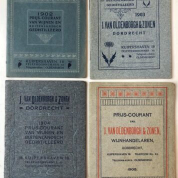[PRICE FORM, WINE, WIJN, DORDRECHT, VAN OLDENBORGH] Prijscouranten voor wijnen van de fa. J. van Oldenborgh & Zonen te Dordrecht, Buiten Walevest 3, 1898-1917, 14 stuks, ca. 20 p. per deeltje, gedrukt.