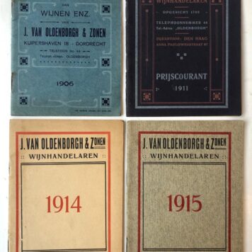 [PRICE FORM, WINE, WIJN, DORDRECHT, VAN OLDENBORGH] Prijscouranten voor wijnen van de fa. J. van Oldenborgh & Zonen te Dordrecht, Buiten Walevest 3, 1898-1917, 14 stuks, ca. 20 p. per deeltje, gedrukt.