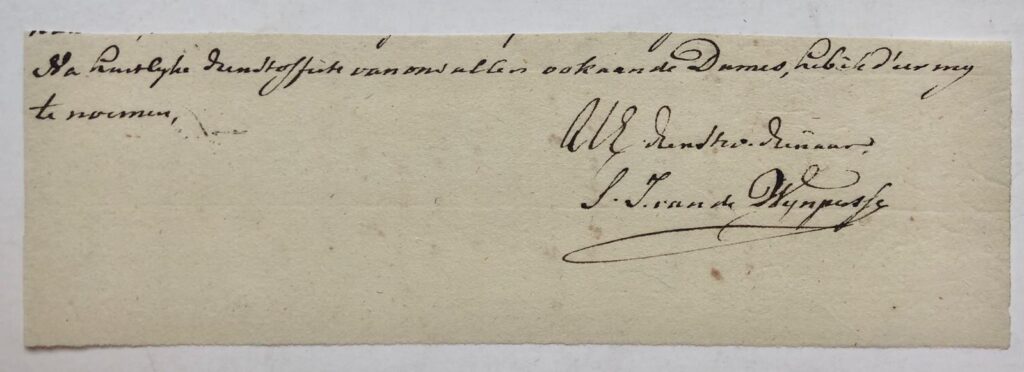 [AUTOGRAPHE, HANDTEKENING, WIJNPERSSE, VAN DE] Fragment van een brief met handtekening van S.J. van de Wijnpersse, z.j., 1 p.