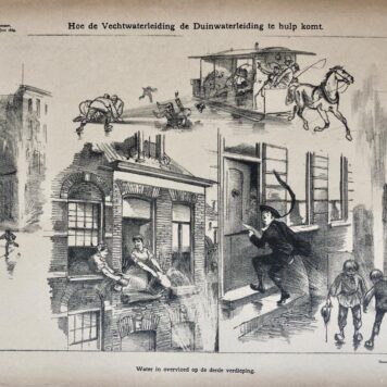 [Original lithograph/lithografie by Johan Braakensiek] Hoe de Vechtwaterleiding de Duinwaterleiding te hulp komt, 2 Juli 1889, 1 pp.