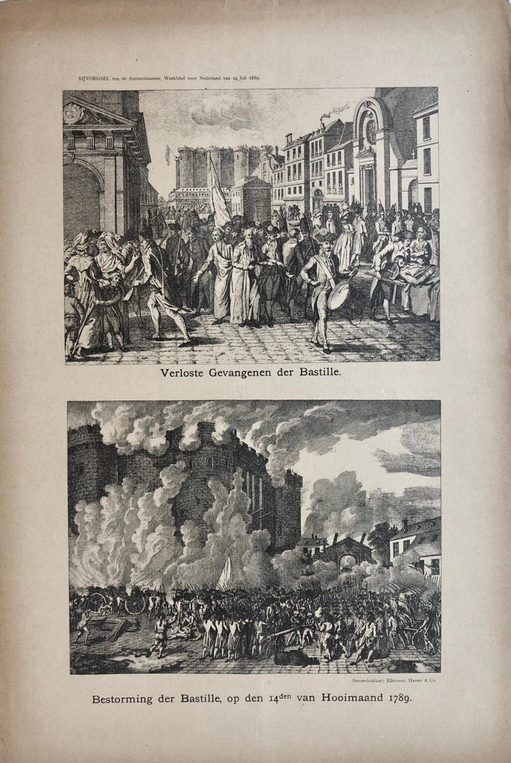 [Original lithograph/lithografie by Johan Braakensiek] Verloste Gevangenen der Bastille en Bestorming der Bastille, op den 14den van Hooimaand 1789, 14 Juli 1889, 1 pp.