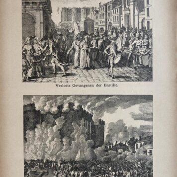 [Original lithograph/lithografie by Johan Braakensiek] Verloste Gevangenen der Bastille en Bestorming der Bastille, op den 14den van Hooimaand 1789, 14 Juli 1889, 1 pp.