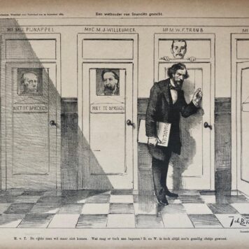[Original lithograph/lithografie by Johan Braakensiek] Een wethouder van financiën gezocht, 29 September 1889, 1 pp.