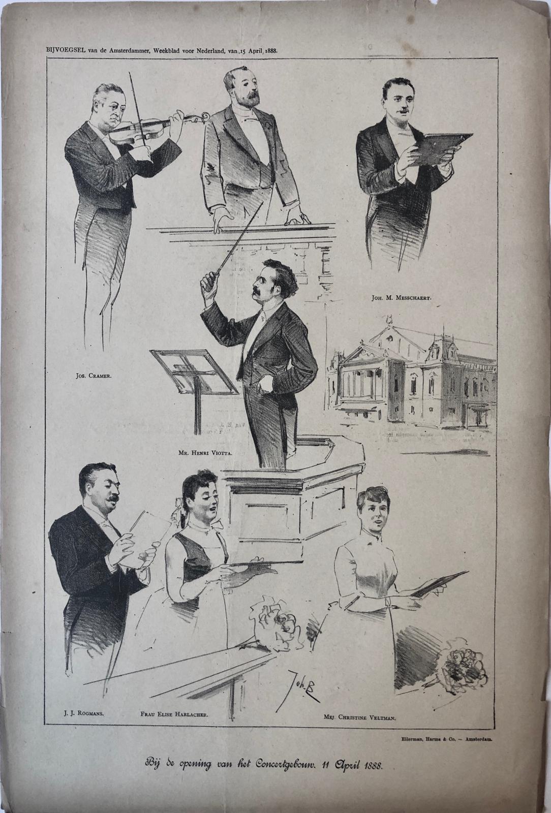 [Original lithograph/lithografie by Johan Braakensiek] Bij de opening van het Concertgebouw, 11 April 1888, 1888, 1 pp.