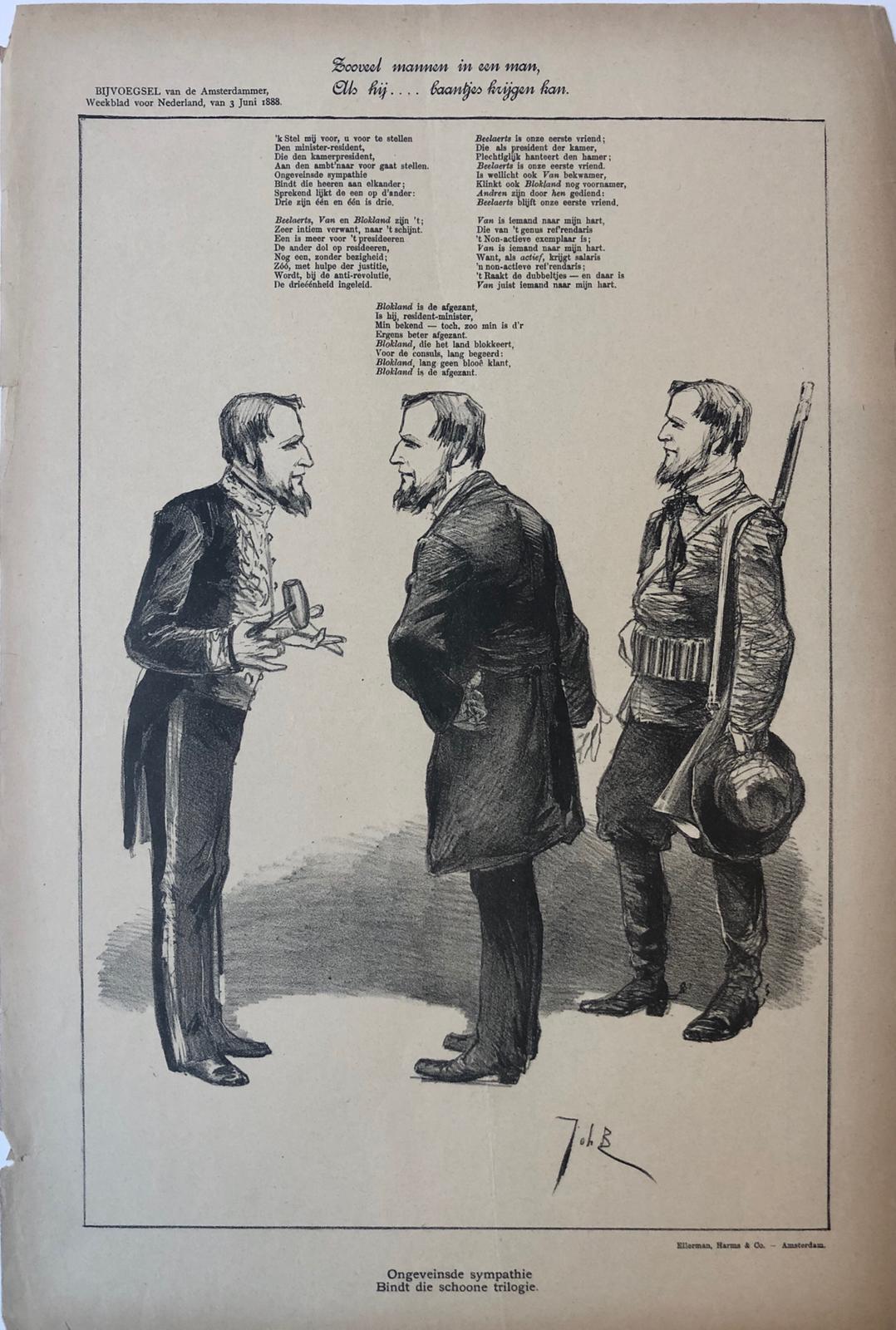 [Original lithograph/lithografie by Johan Braakensiek] Zooveel mannen in een man, als hij .... baantjes krijgen kan, 3 Juni 1888,1 pp.