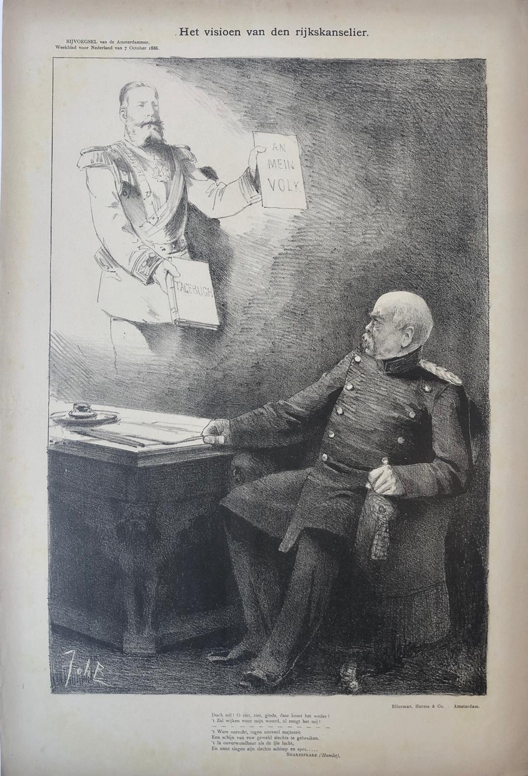 [Original lithograph/lithografie by Johan Braakensiek] Het visioen van den rijkskanselier (Bismarck), 7 October 1888, 1 pp.